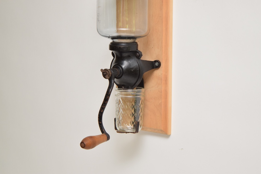 Antique Glass and Cast Iron Mounted Coffee Grinder