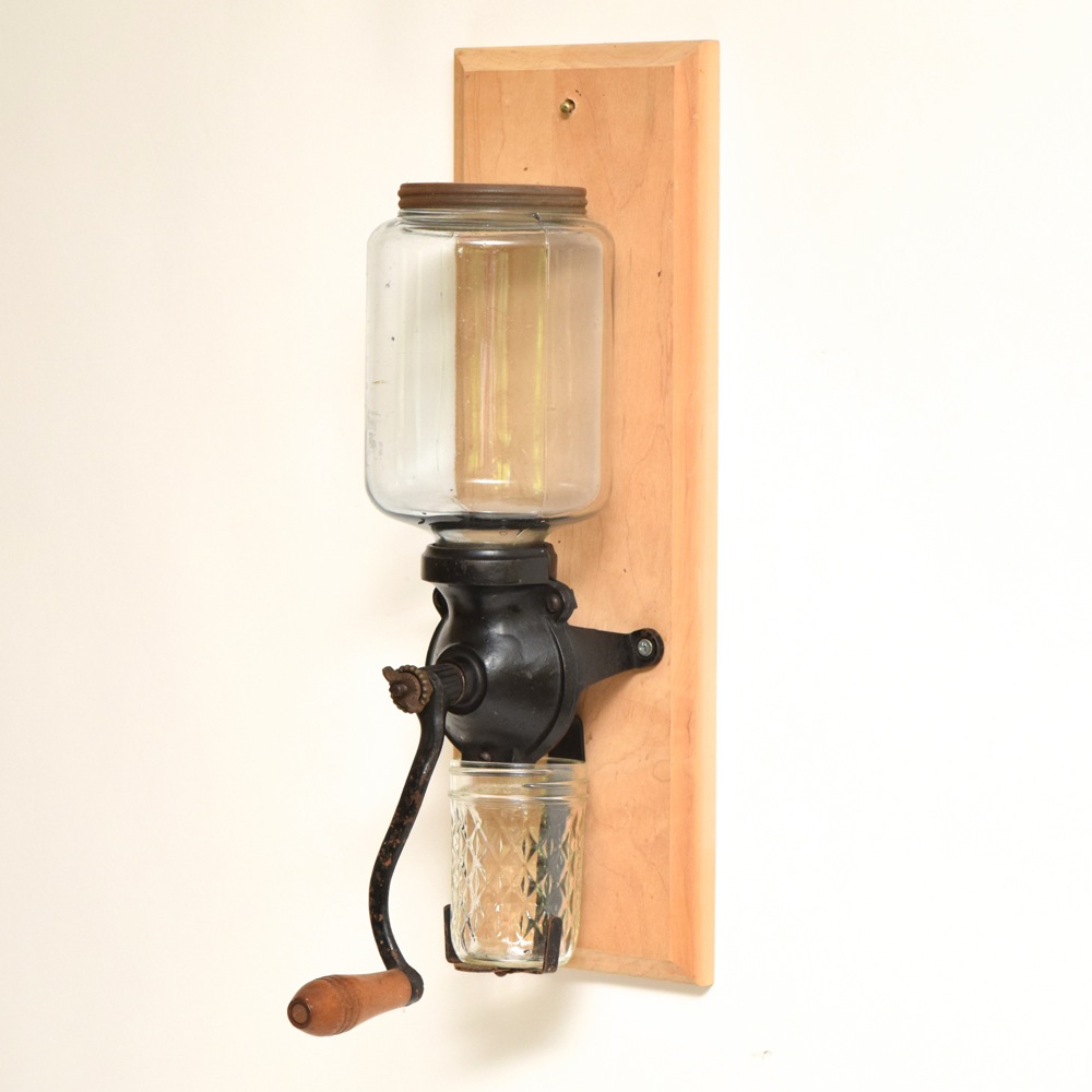 Antique Glass and Cast Iron Mounted Coffee Grinder