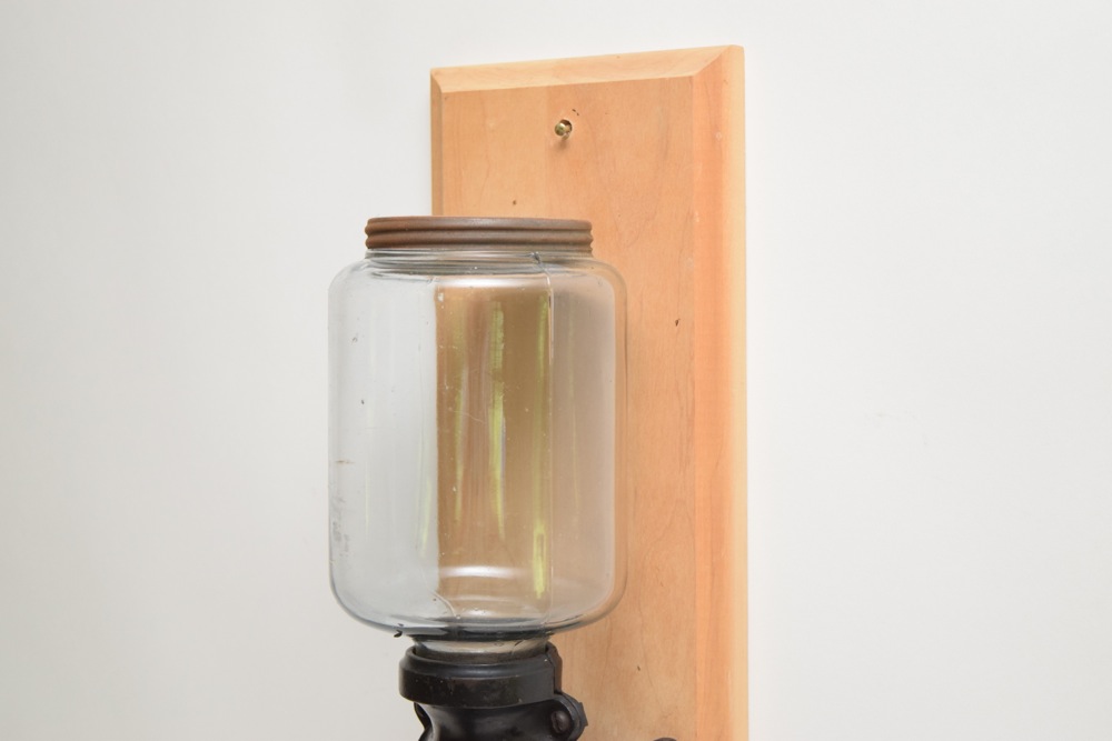 Antique Glass and Cast Iron Mounted Coffee Grinder