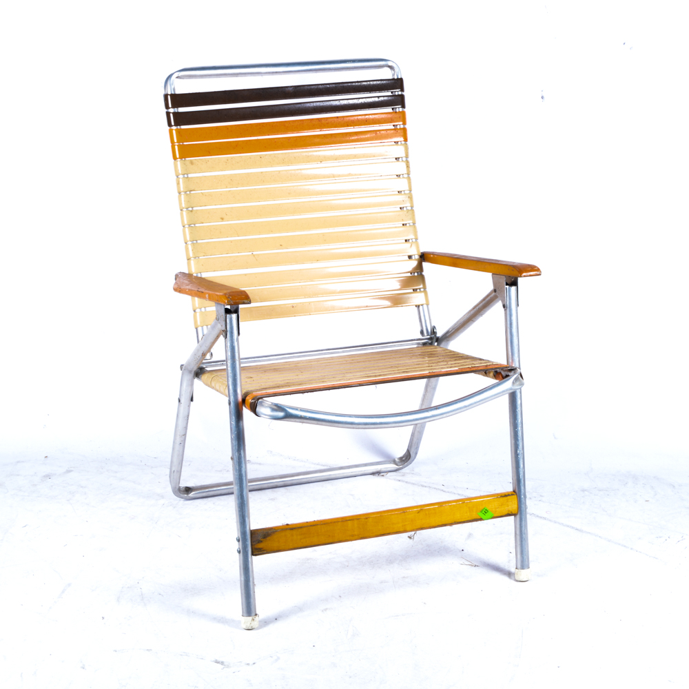 Pair of Tan Beach Chairs with Wood Armrests