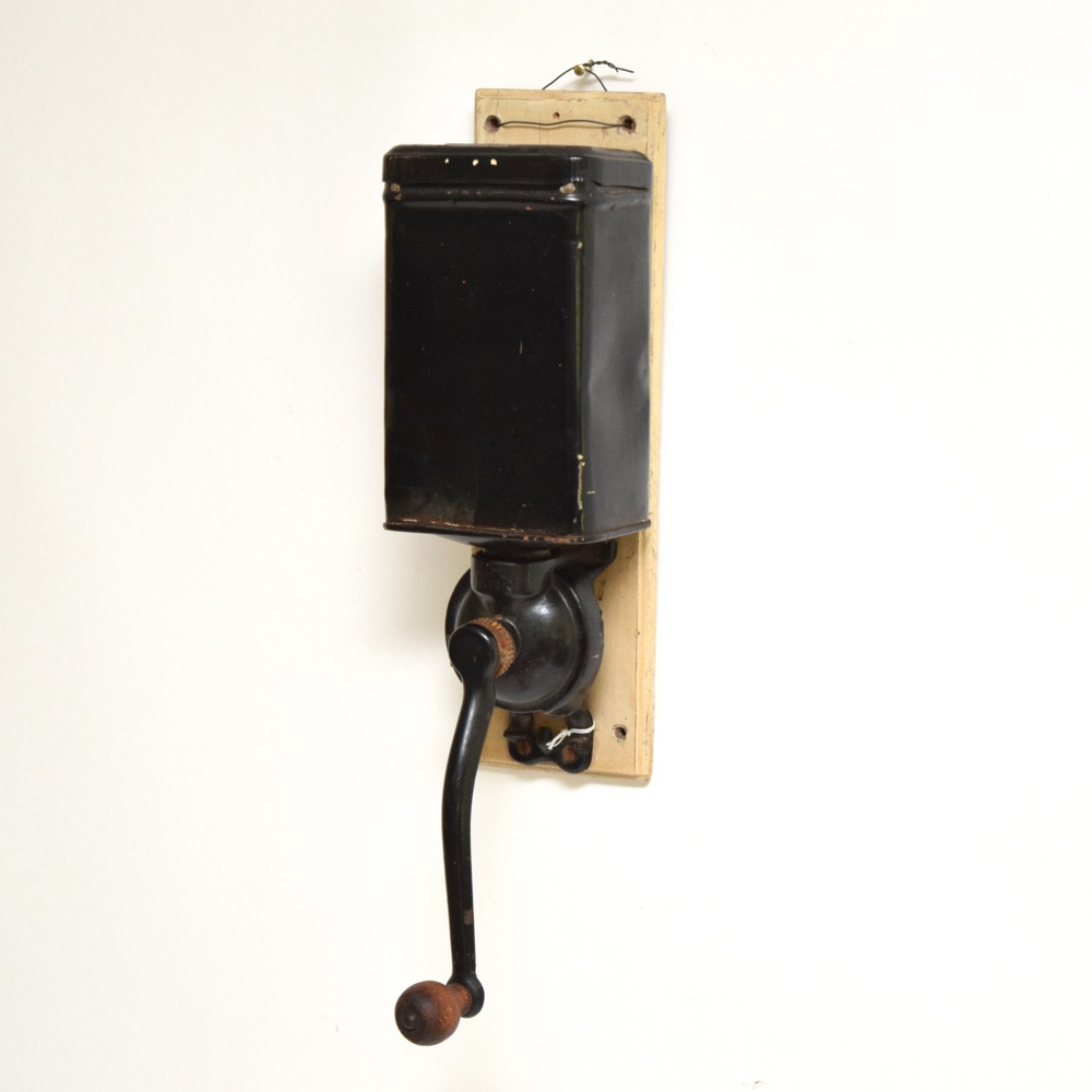 Antique Black Painted Tin and Cast Iron Mounted Coffee Grinder