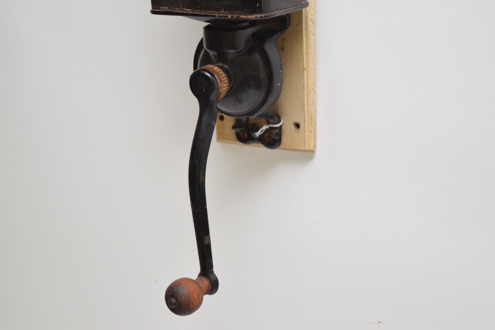 Antique Black Painted Tin and Cast Iron Mounted Coffee Grinder