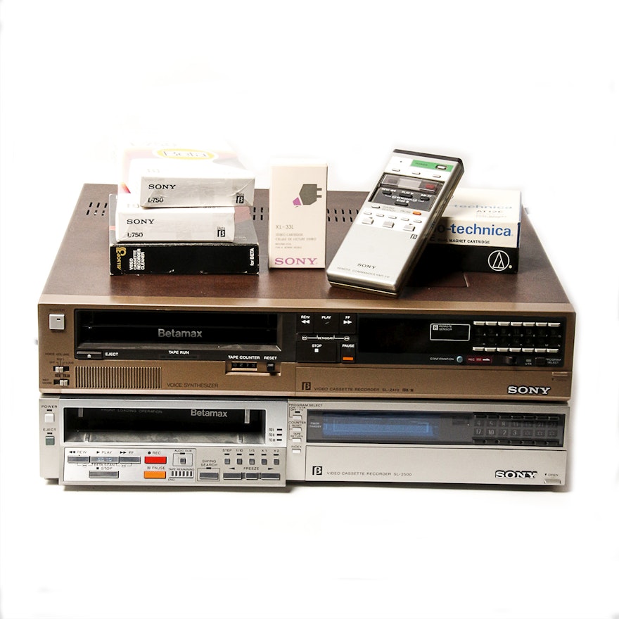 Pair of Sony Betamax Video Cassette Recorders with Remotes and Accessories