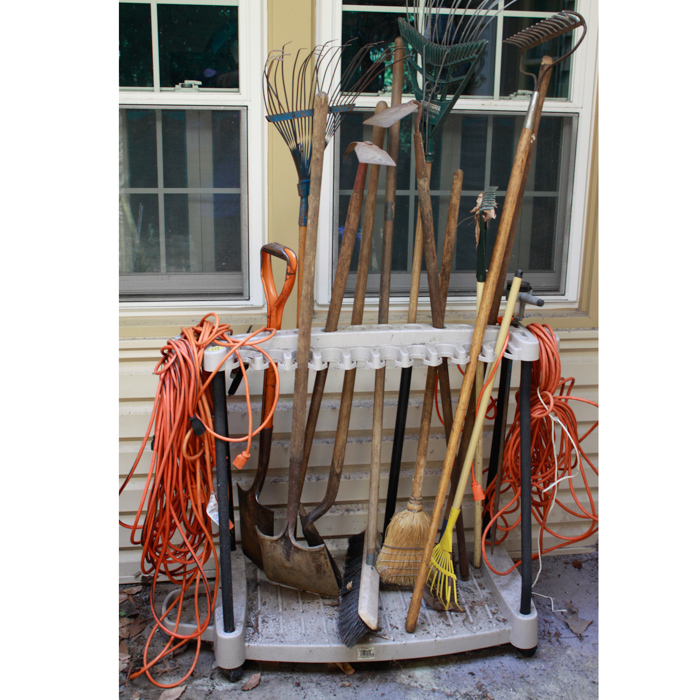 Lawn and Garden Tools with Plastic Organizing Stand