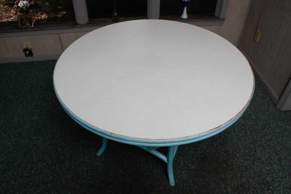 Vintage Blue Rattan Table and Cane Back Chair Set