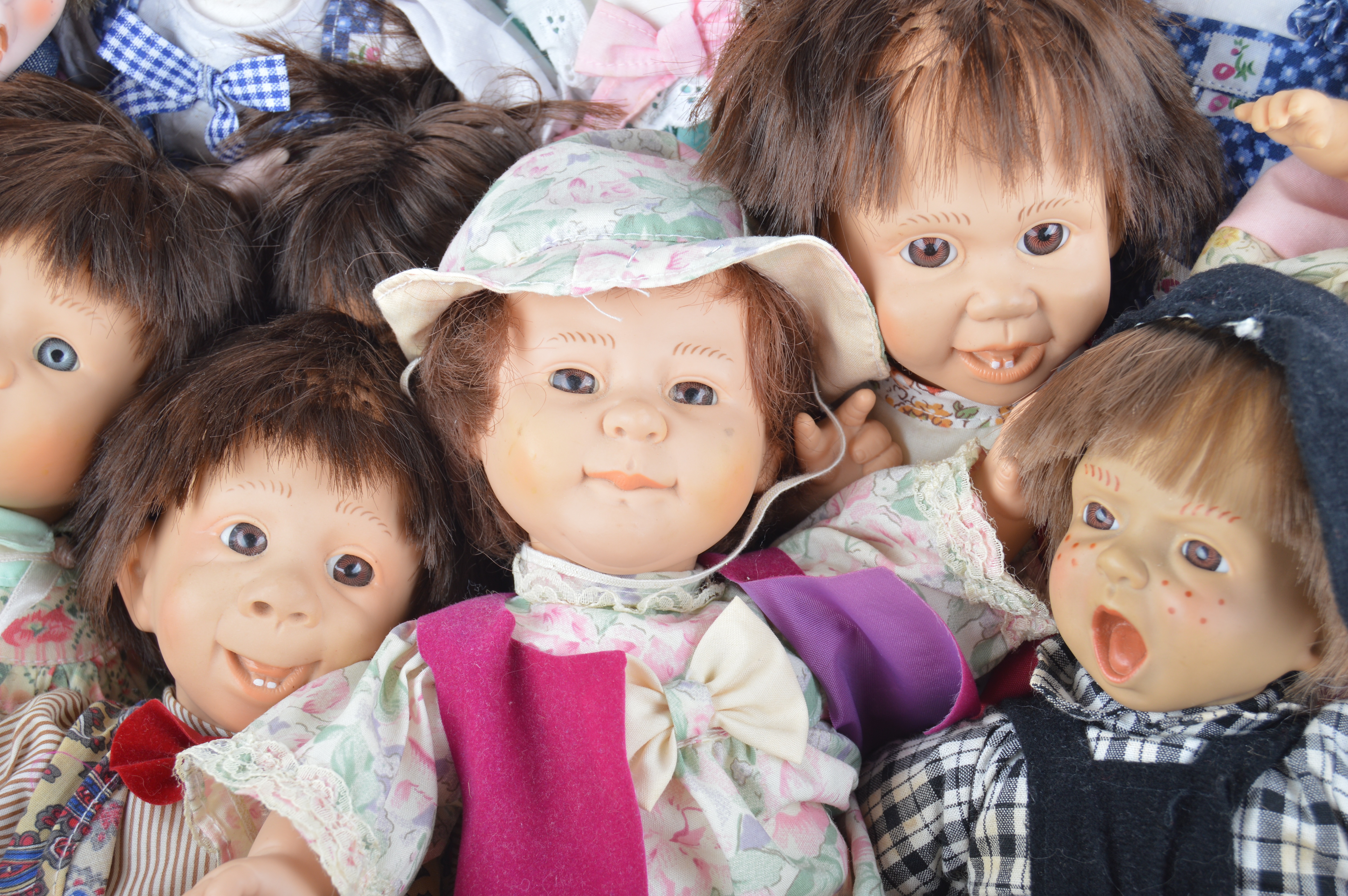 Vintage Gi-Go Expression Faces Dolls in Basket