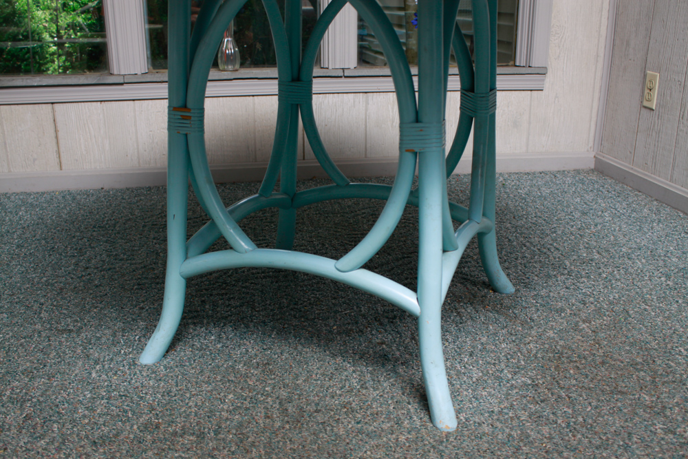 Vintage Blue Rattan Table and Cane Back Chair Set