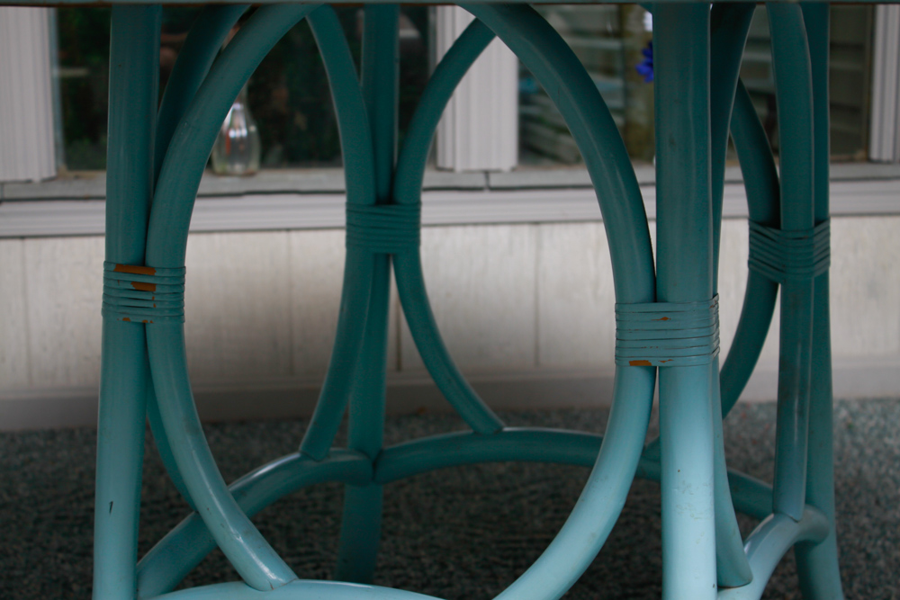 Vintage Blue Rattan Table and Cane Back Chair Set