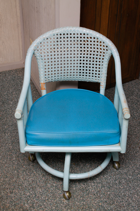 Vintage Blue Rattan Table and Cane Back Chair Set