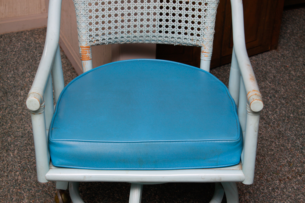 Vintage Blue Rattan Table and Cane Back Chair Set