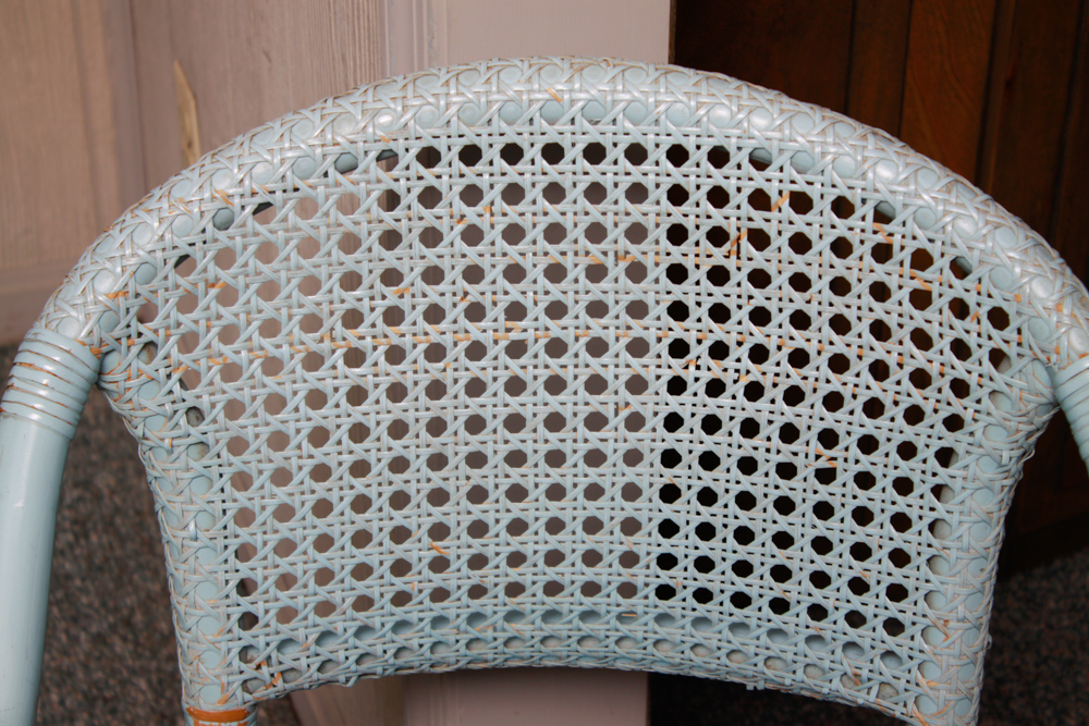 Vintage Blue Rattan Table and Cane Back Chair Set