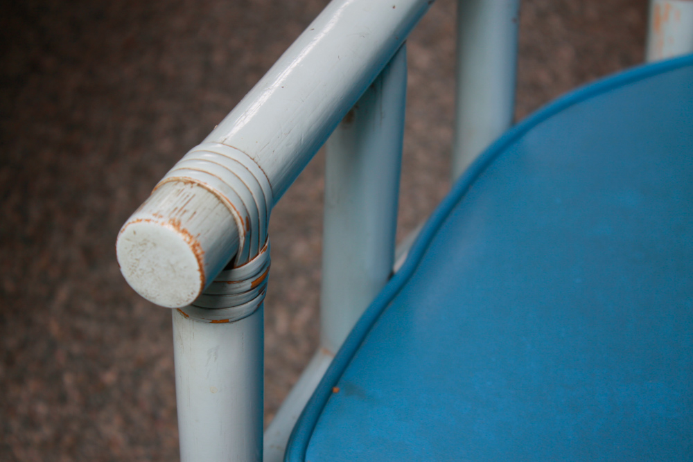 Vintage Blue Rattan Table and Cane Back Chair Set