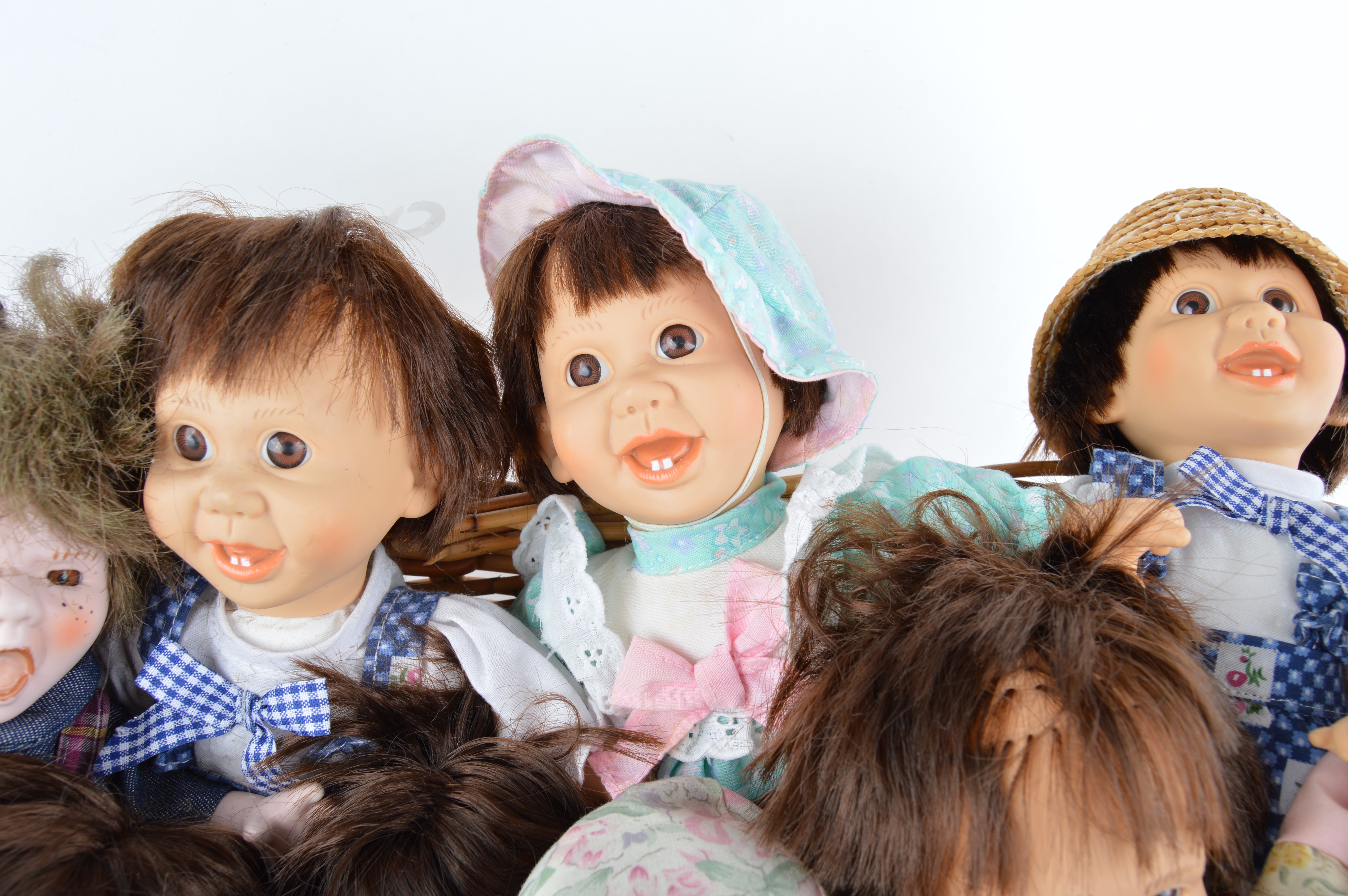 Vintage Gi-Go Expression Faces Dolls in Basket