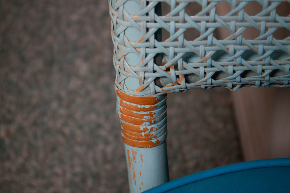 Vintage Blue Rattan Table and Cane Back Chair Set