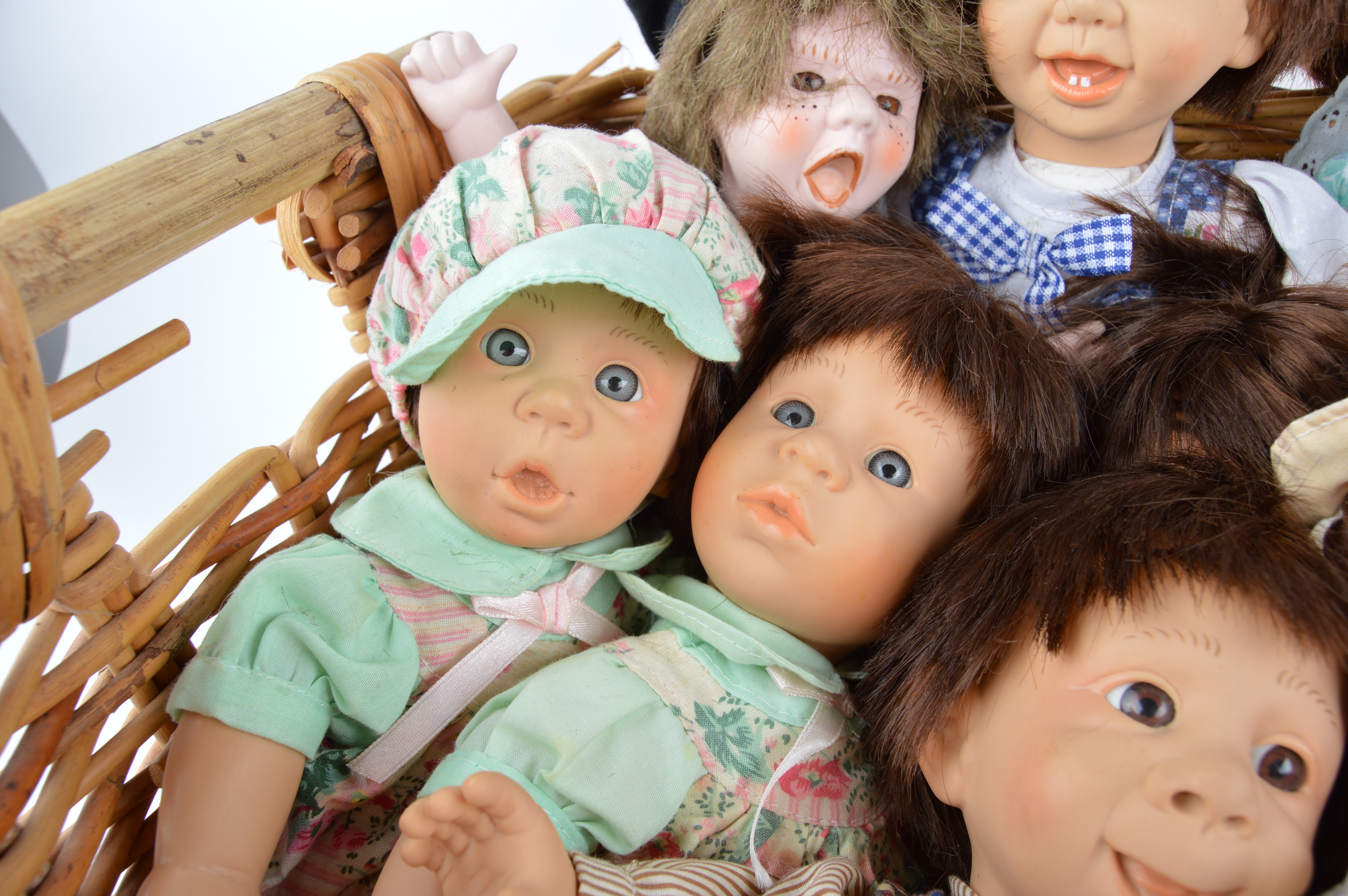 Vintage Gi-Go Expression Faces Dolls in Basket