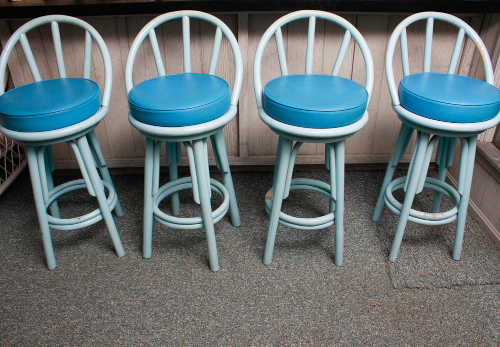 Vintage Set of Blue Rattan Bar Stools