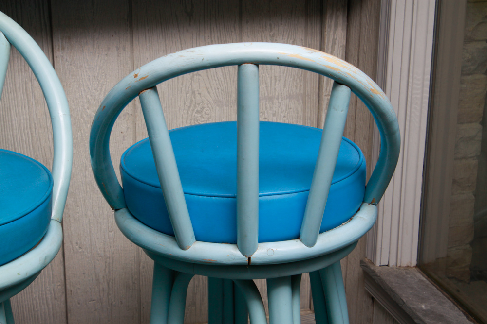 Vintage Set of Blue Rattan Bar Stools