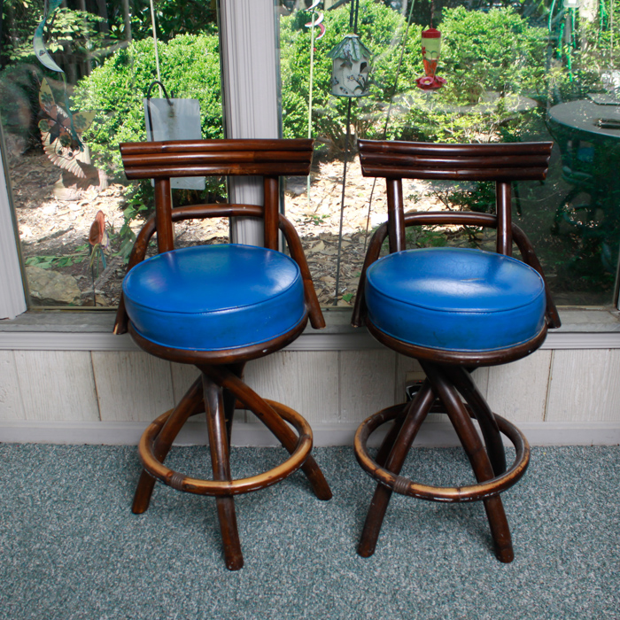 Pair of Stained Rattan Swivel Bar Stools