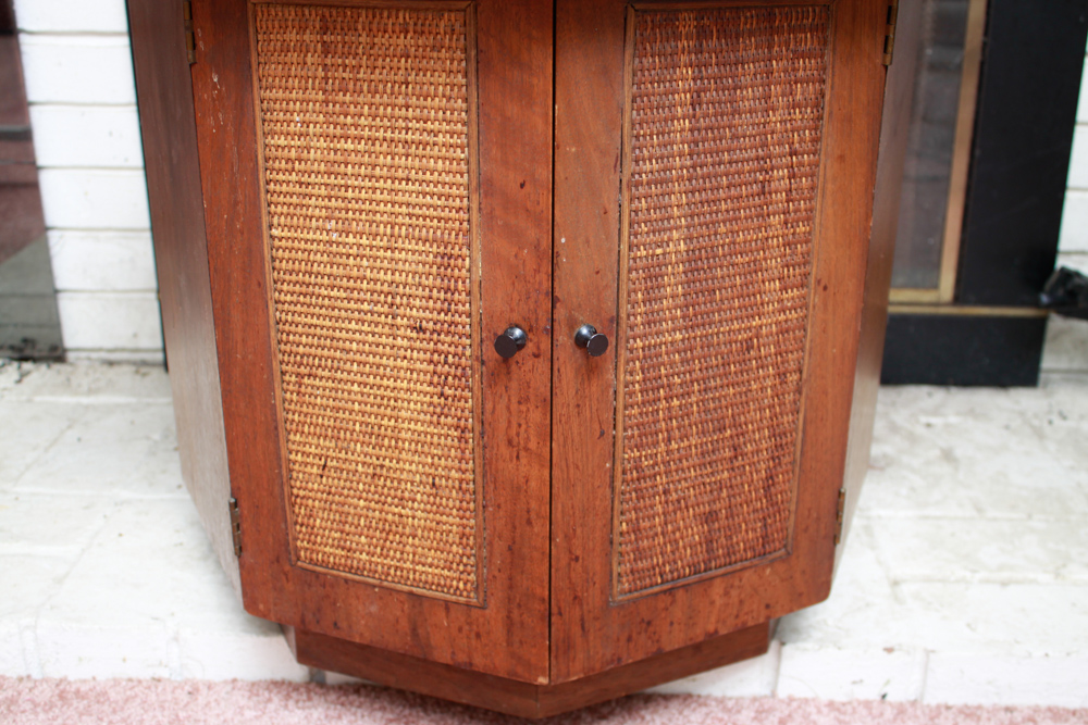 Vintage Oak Octagonal Side Table with Cane Insert Doors