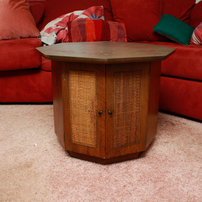 Vintage Oak Octagonal Side Table with Cane Insert Doors