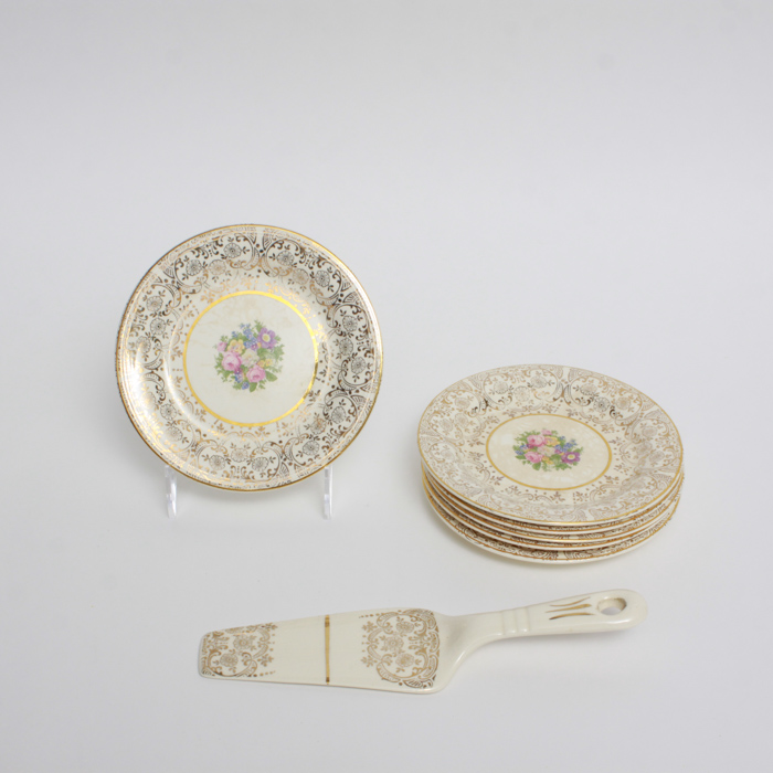 Six Royal China Dessert Plates and Server with 22K Gold Trim