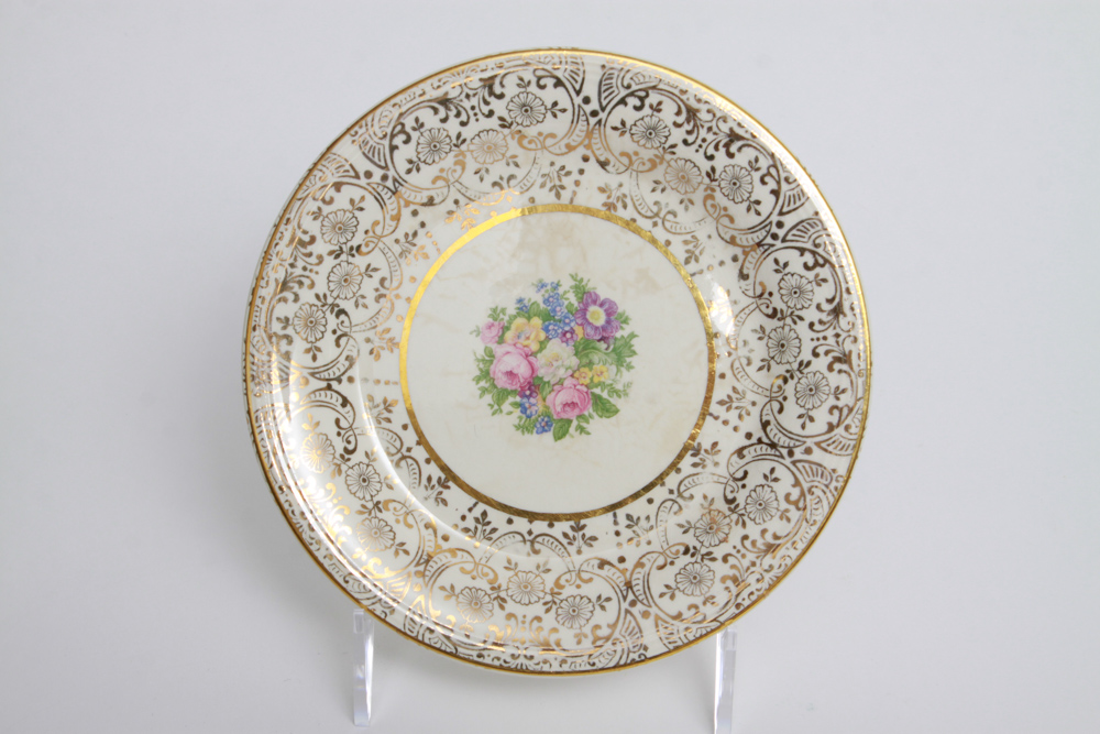 Six Royal China Dessert Plates and Server with 22K Gold Trim