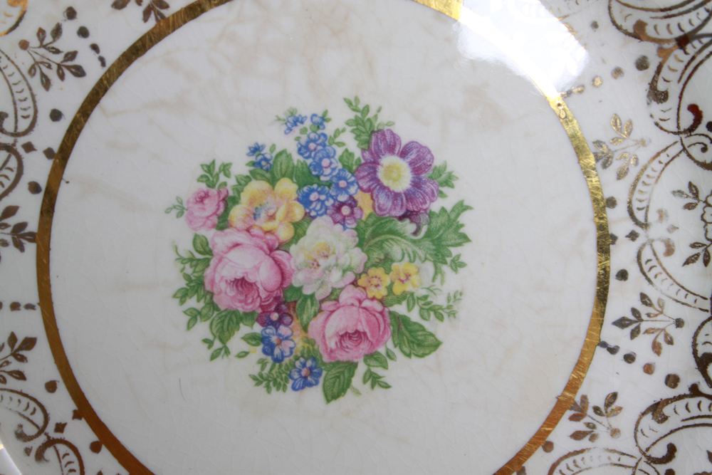 Six Royal China Dessert Plates and Server with 22K Gold Trim