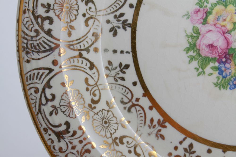 Six Royal China Dessert Plates and Server with 22K Gold Trim