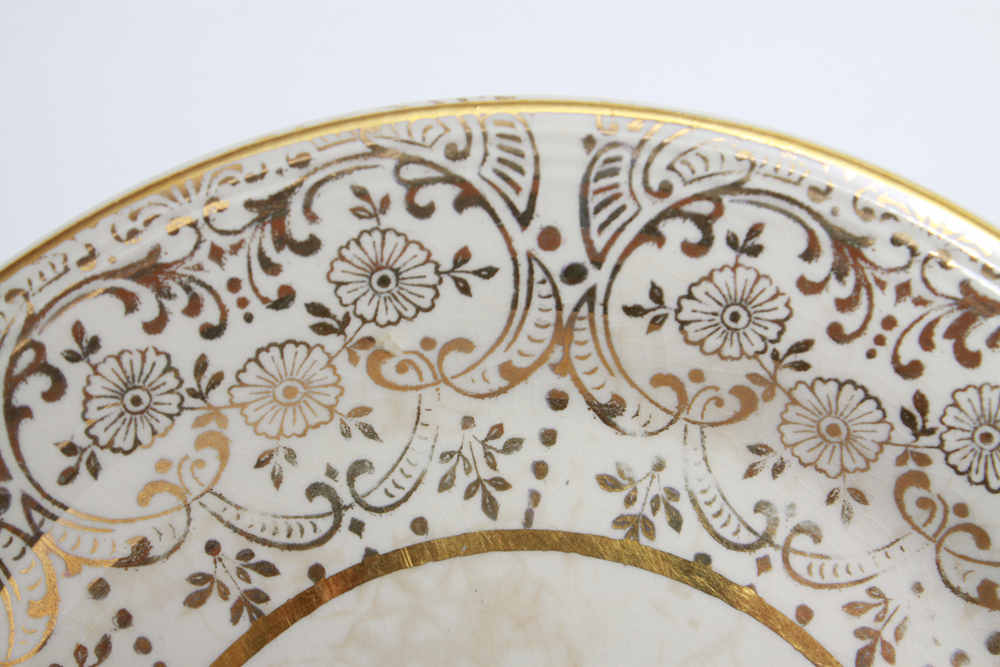 Six Royal China Dessert Plates and Server with 22K Gold Trim