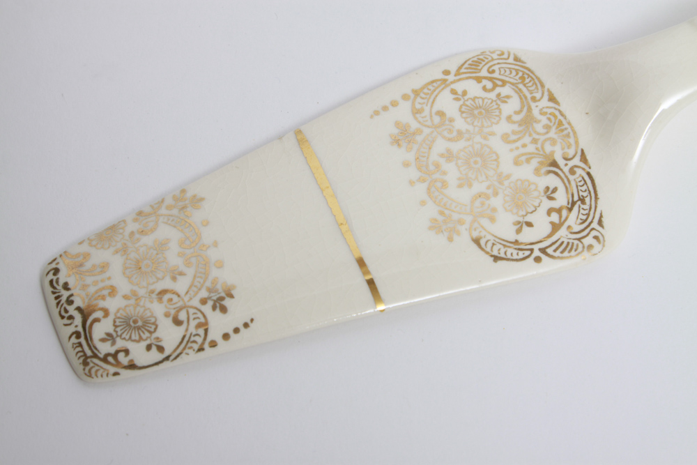 Six Royal China Dessert Plates and Server with 22K Gold Trim