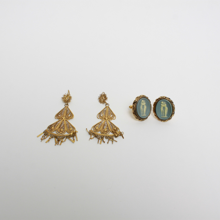 Vintage Cameo Style Cufflinks and Gold Washed Filigree Earrings