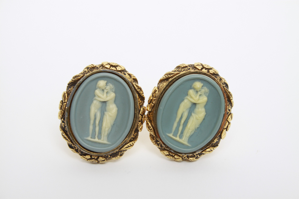 Vintage Cameo Style Cufflinks and Gold Washed Filigree Earrings