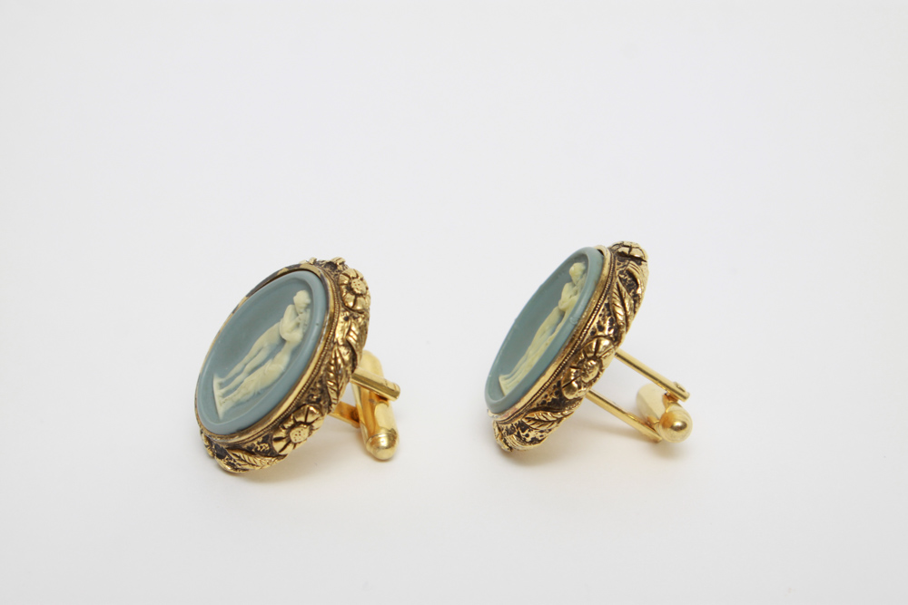 Vintage Cameo Style Cufflinks and Gold Washed Filigree Earrings