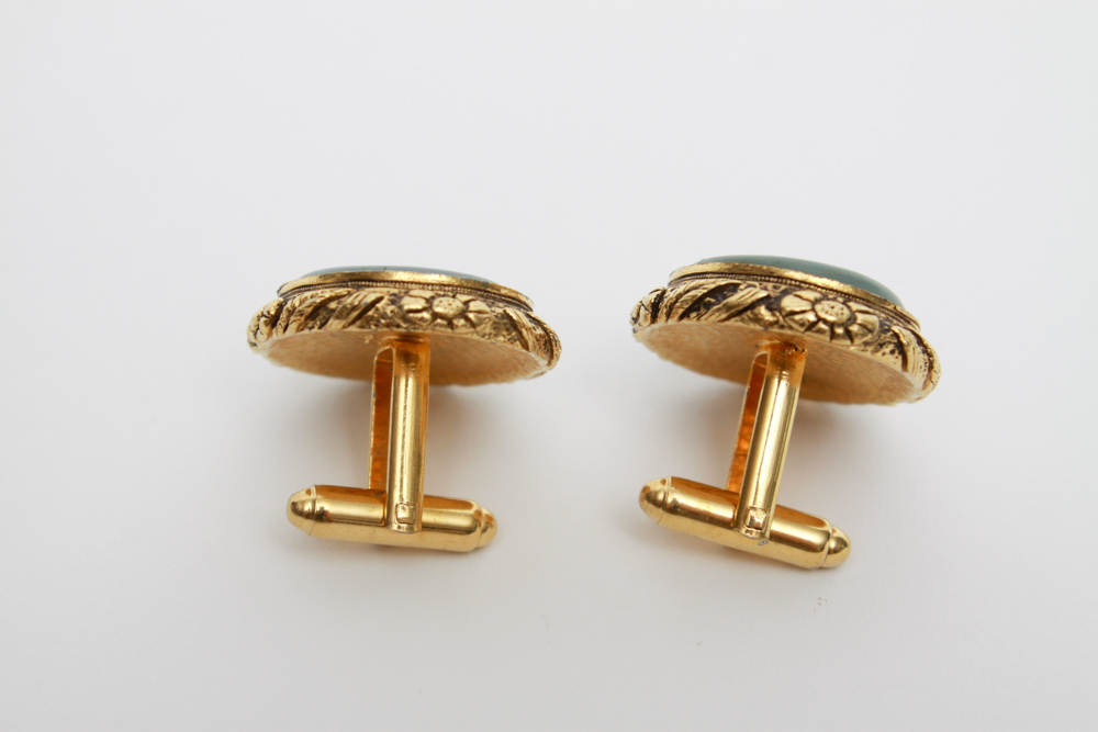 Vintage Cameo Style Cufflinks and Gold Washed Filigree Earrings