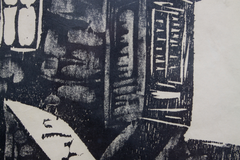 Signed Old World Buildings Woodcut Relief Print