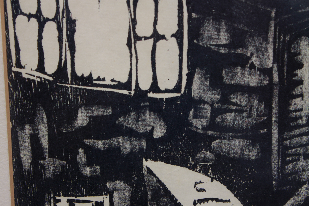 Signed Old World Buildings Woodcut Relief Print