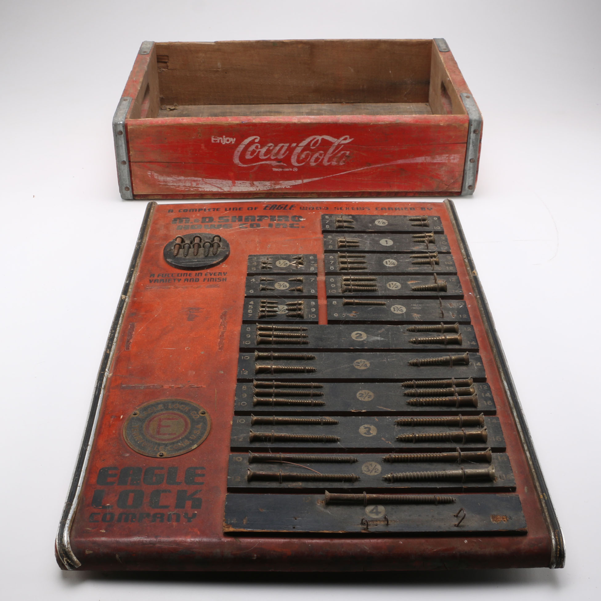 Set of Eagle Lock Company Screws and Coca-Cola Crate