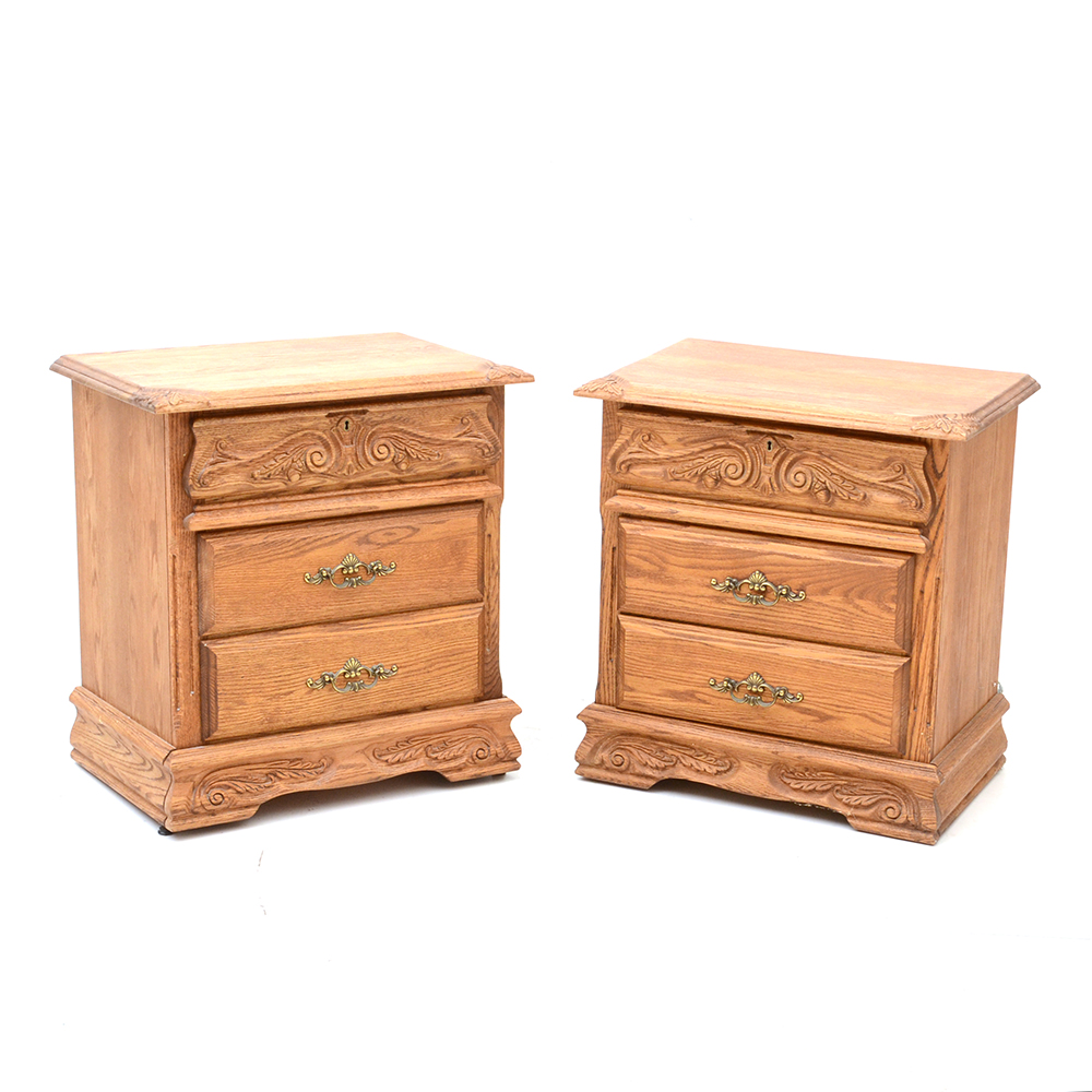 Oakwood Interiors Carved Oak Nightstands