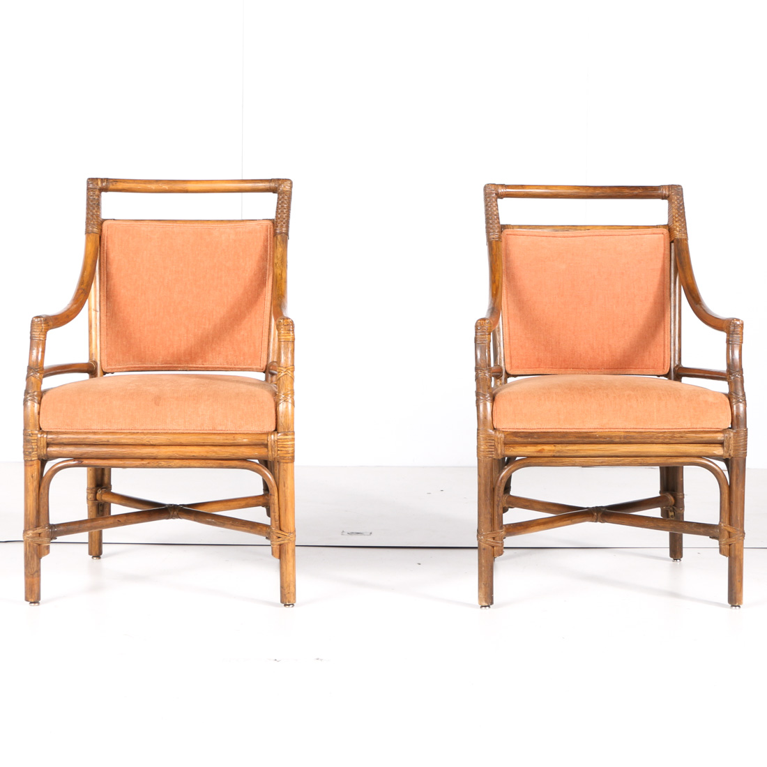 Pair of Vintage Bamboo Style Upholstered Armchairs