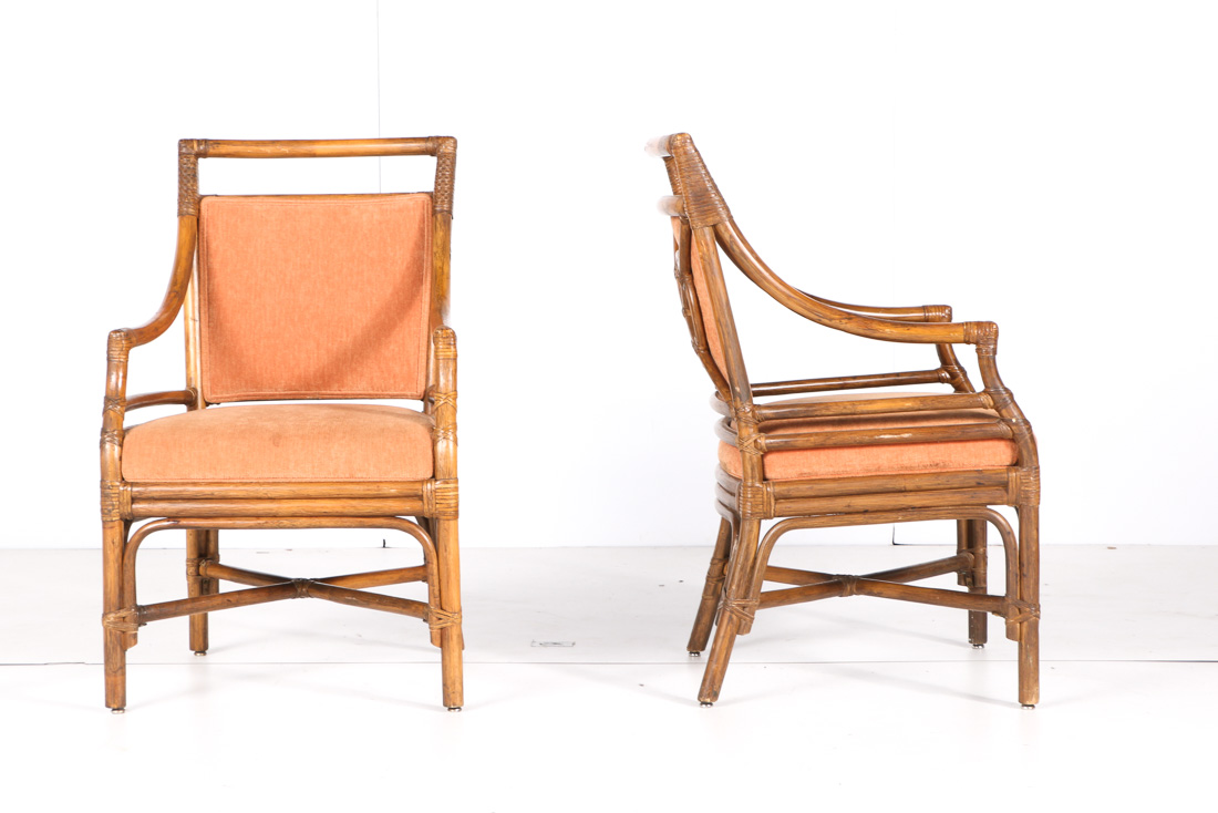 Pair of Vintage Bamboo Style Upholstered Armchairs