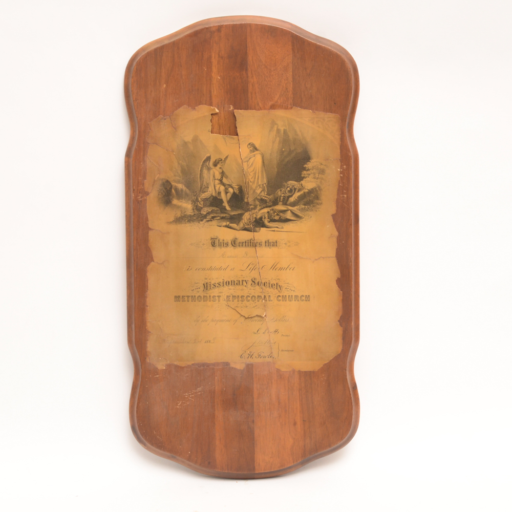 Antique Church Membership Certificate on Plaque