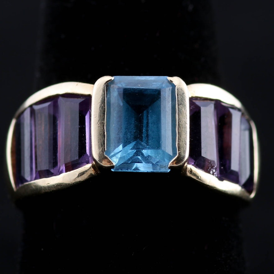 14K Gold Blue Topaz Amethyst Ring