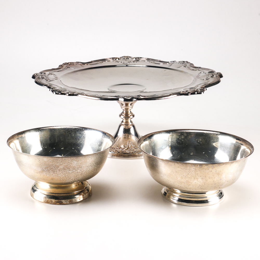 Silver Plate Platter and Paul Revere Style Bowls