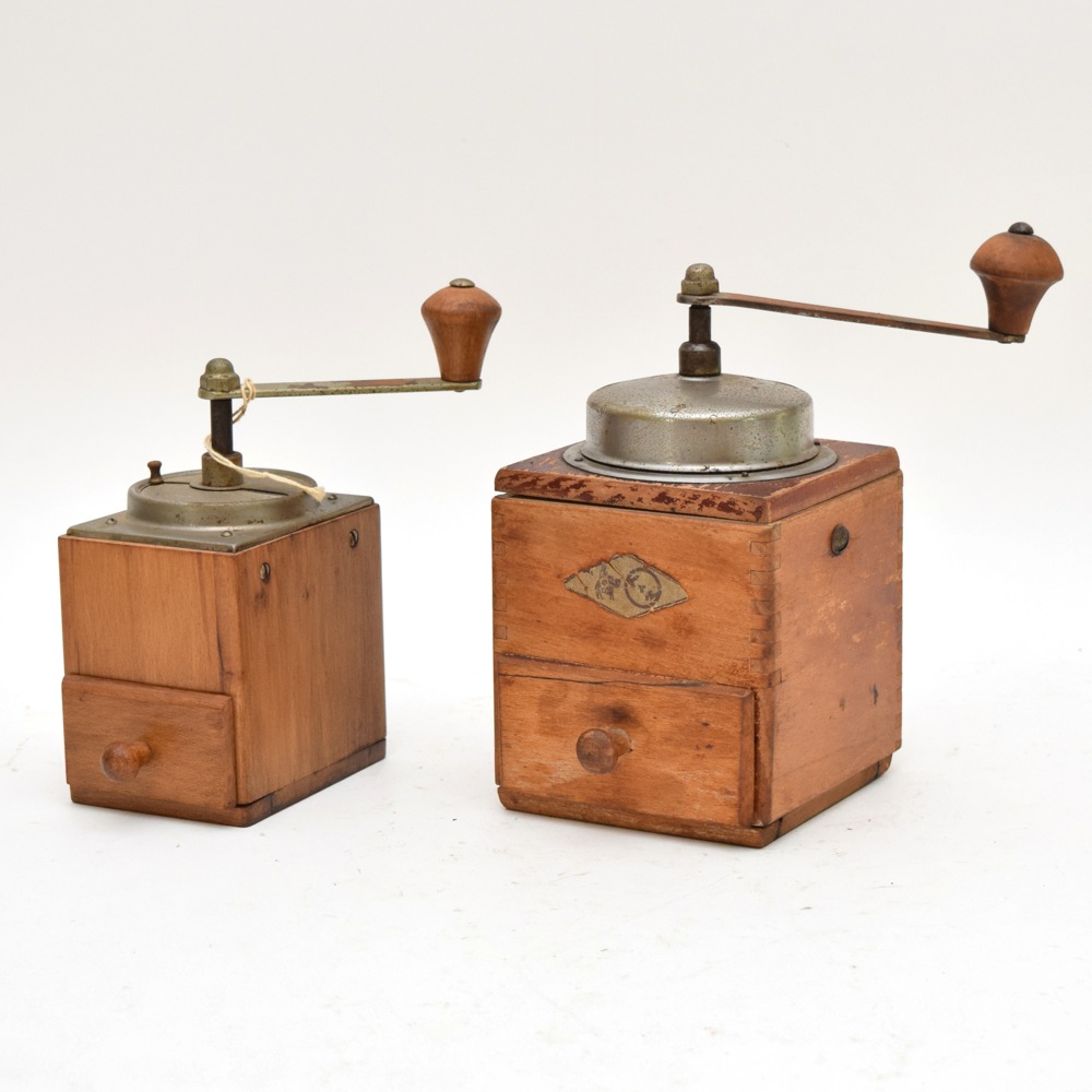 Pair of Vintage Beech and Metal Coffee Grinders, Including German BTM