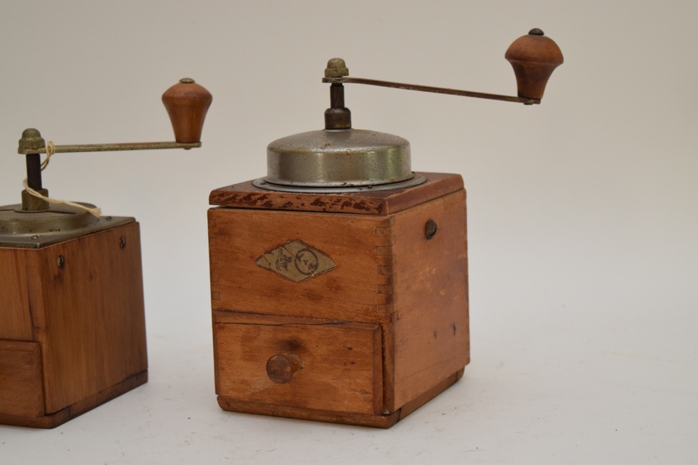 Pair of Vintage Beech and Metal Coffee Grinders, Including German BTM