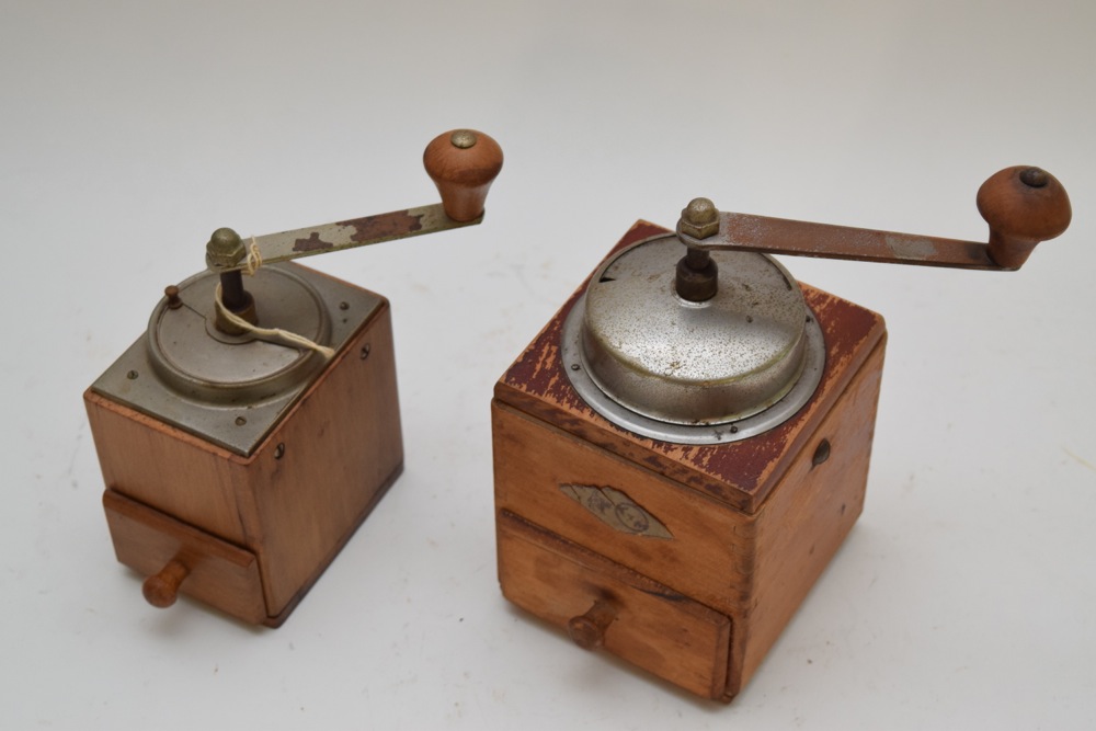 Pair of Vintage Beech and Metal Coffee Grinders, Including German BTM