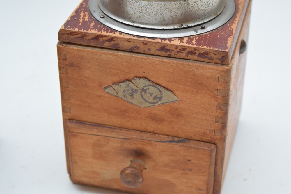 Pair of Vintage Beech and Metal Coffee Grinders, Including German BTM
