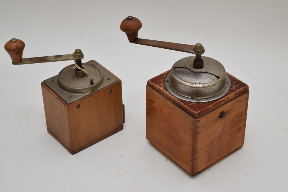 Pair of Vintage Beech and Metal Coffee Grinders, Including German BTM