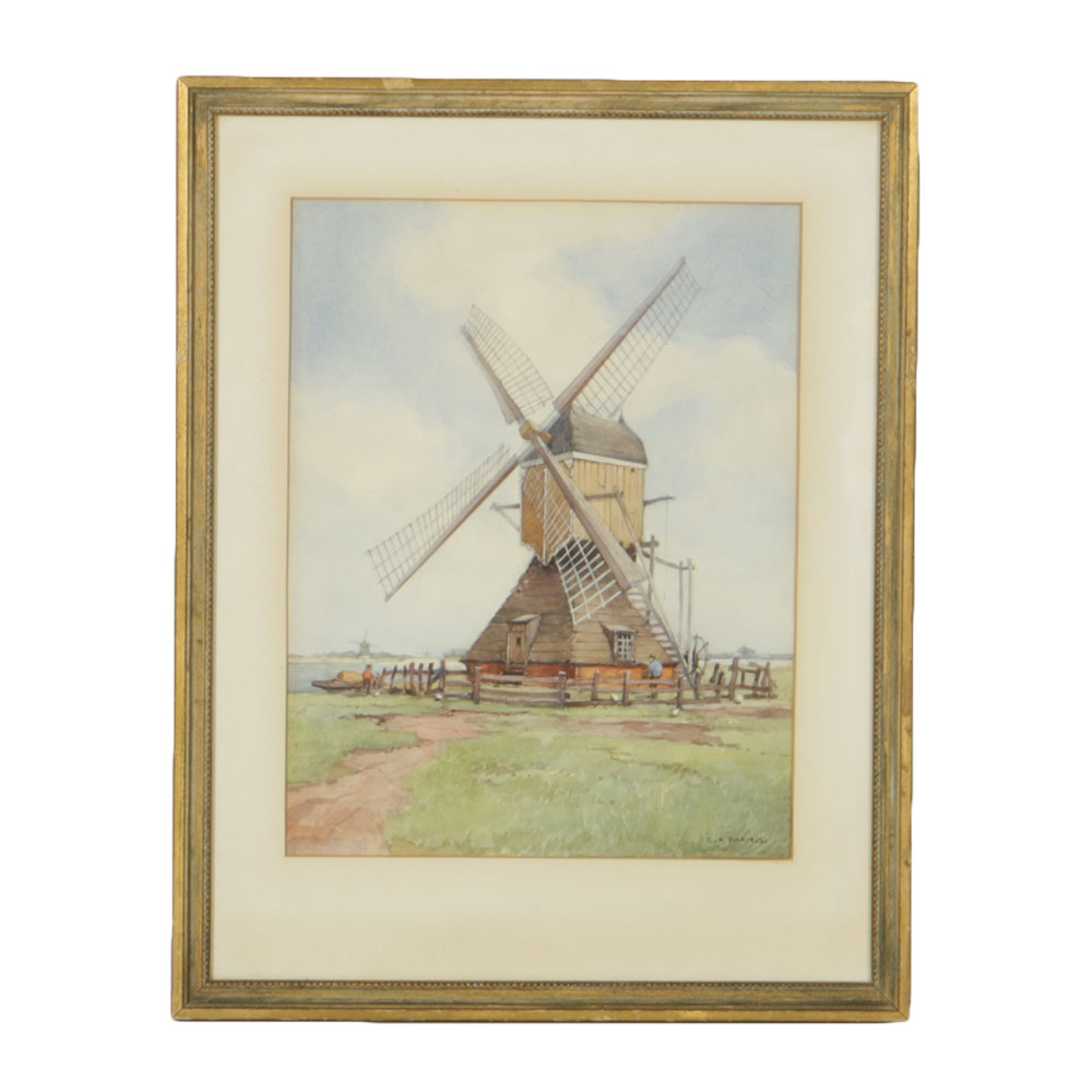 Signed Watercolor of a Windmill by C.A. Bartels