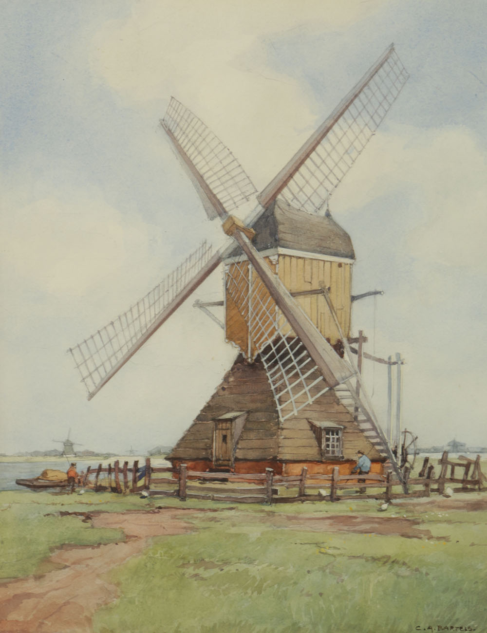 Signed Watercolor of a Windmill by C.A. Bartels
